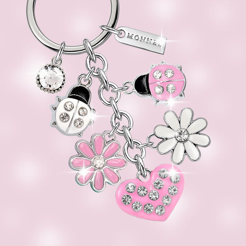 MONNEL Z519-E Ladybugs Flowers Heart Keychain Charms Pendants with Velvet Bag (Pink White) - Image 2